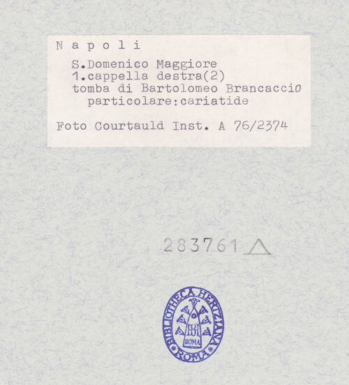 Rückseite von Courtauld Institute of Art [https://www.deutsche-digitale-bibliothek.de/content/lizenzen/rv-ez/] Grabmal des Bischofs Bartolomeo BrancaccioTugenden - Caritas, bh283761_recto. Foto.