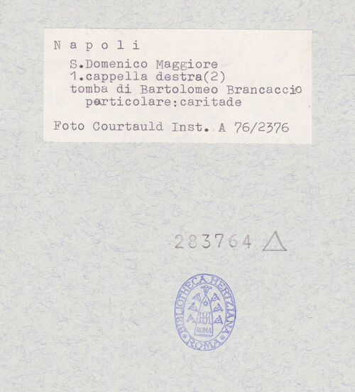 Rückseite von Courtauld Institute of Art [https://www.deutsche-digitale-bibliothek.de/content/lizenzen/rv-ez/] Grabmal des Bischofs Bartolomeo BrancaccioTugenden - Fides, bh283764_recto. Foto.