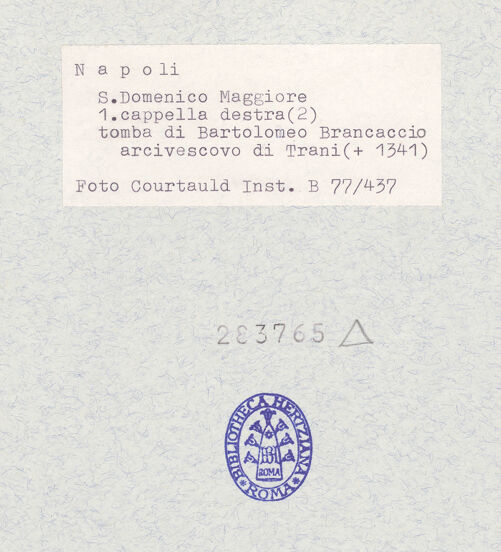 Rückseite von Courtauld Institute of Art [https://www.deutsche-digitale-bibliothek.de/content/lizenzen/rv-ez/] Grabmal des Bischofs Bartolomeo Brancaccio - Gesamtansicht, bh283765_recto. Foto.