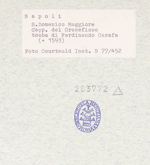 Rückseite von Courtauld Institute of Art [https://www.deutsche-digitale-bibliothek.de/content/lizenzen/rv-ez/] Grabmal des Ferdinando Carafa (gest. 1593) - Gesamtansicht, bh283772_recto. Foto.