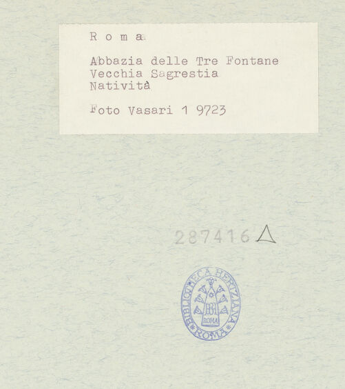 Rückseite von Vasari [https://www.deutsche-digitale-bibliothek.de/content/lizenzen/rv-ez/] Fresken der Geburt Christi und einer MarienkrönungGeburt Christi - Lünette, bh287416_recto. Foto.