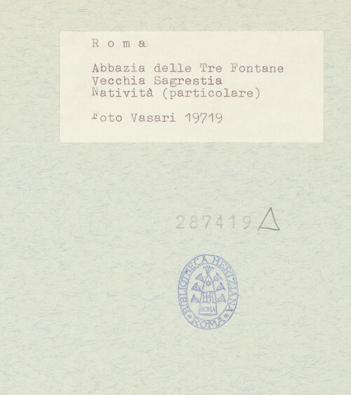 Rückseite von Vasari [https://www.deutsche-digitale-bibliothek.de/content/lizenzen/rv-ez/] Fresken der Geburt Christi und einer MarienkrönungGeburt Christi - Kopf Mariens, bh287419_recto. Foto.