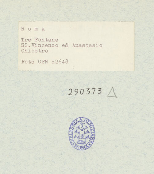 Rückseite von Istituto Nazionale per la Grafica [https://www.deutsche-digitale-bibliothek.de/content/lizenzen/rv-ez/] Abbazia delle Tre FontaneSanti Vincenzo ed Anastasio - Umgang, bh290373_recto. Foto.
