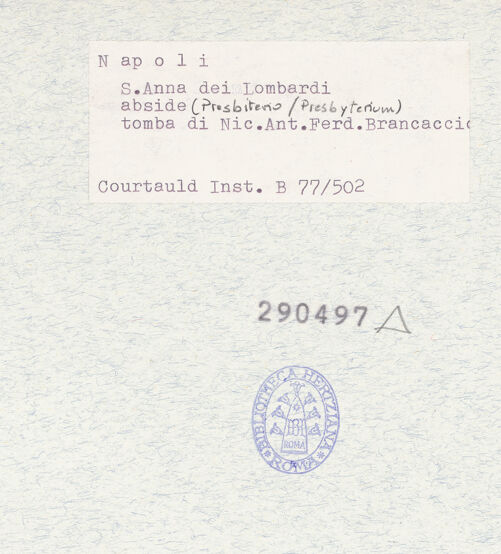 Rückseite von Courtauld Institute of Art [https://www.deutsche-digitale-bibliothek.de/content/lizenzen/rv-ez/] Grabmal des Nicola Antonio Brancaccio - Gesamtansicht, bh290497_recto. Foto.