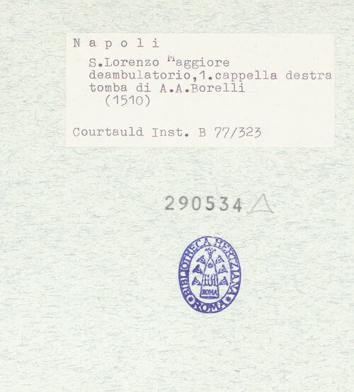 Rückseite von Courtauld Institute, Conway Library [https://www.deutsche-digitale-bibliothek.de/content/lizenzen/rv-ez/] Grabmal des Aniello Arcamonio Borelli - Seitenansicht, bh290534_recto. Foto.