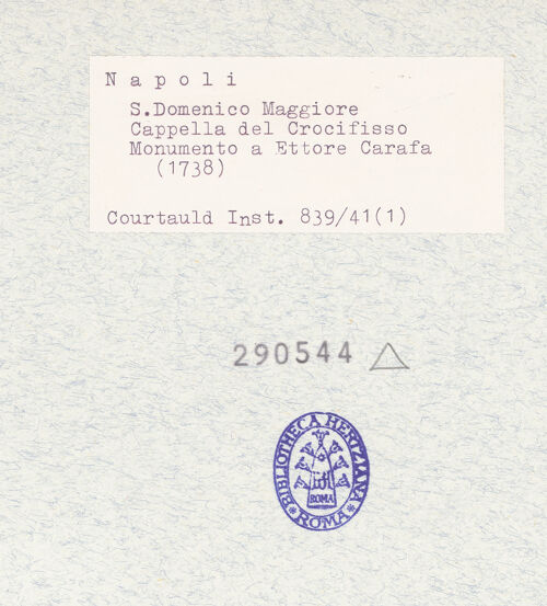 Rückseite von Courtauld Institute of Art [https://www.deutsche-digitale-bibliothek.de/content/lizenzen/rv-ez/] Denkmal des Ettore Carafa und seiner Söhne - Gesamtansicht, bh290544_recto. Foto.