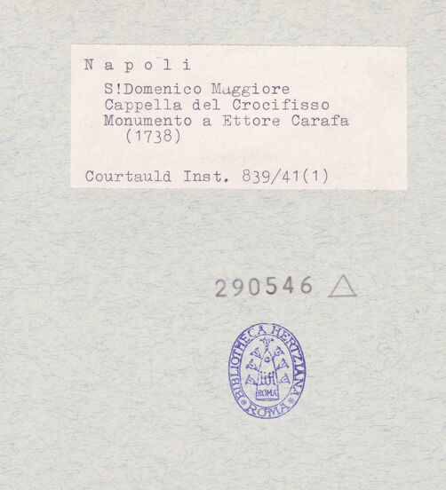 Rückseite von Courtauld Institute of Art [https://www.deutsche-digitale-bibliothek.de/content/lizenzen/rv-ez/] Denkmal des Ettore Carafa und seiner Söhne - Detail: Porträt des Ettore Carafa, bh290546_recto. Foto.