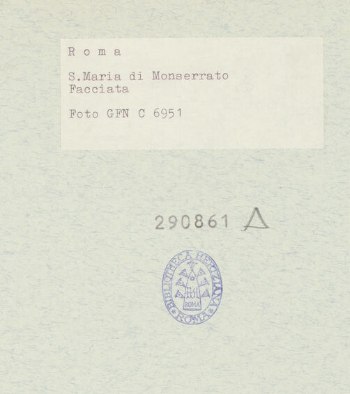 Rückseite von Gabinetto Fotografico Nazionale [https://www.deutsche-digitale-bibliothek.de/content/lizenzen/rv-ez/] Santa Maria in Monserrato - Detail: Hauptportal und die Nischen im rechten Teil der Fassade, bh290861_recto. Foto.