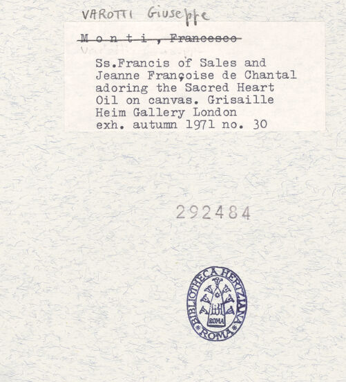 Rückseite von unbekannt [https://www.deutsche-digitale-bibliothek.de/content/lizenzen/rv-ez/] Der heilige Franz von Sales und Johanna Franziska von Chantal beten das Herz Jesu an - , bh292484_recto. Foto.