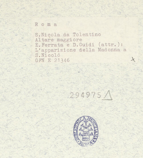 Rückseite von ICCD (GFN) [https://www.deutsche-digitale-bibliothek.de/content/lizenzen/rv-ez/] Die Vision des Heiligen Nikolaus von Tolentino (Die Madonna und der hl. Augustinus bieten dem Heiligen Nikolaus von Tolentino auf seinem Krankenbett Brot zur Stärkung dar) - Altarrelief, bh294975_recto. Foto: Hutzel, Max.