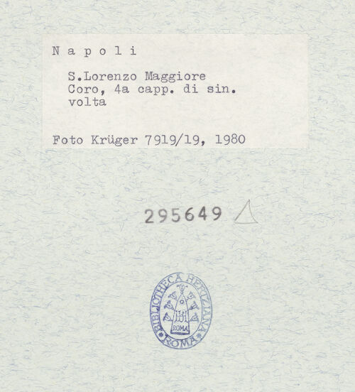 Rückseite von Krüger, Jürgen [https://www.deutsche-digitale-bibliothek.de/content/lizenzen/rv-fz/] San Lorenzo MaggioreVierte Nordkapelle - Gewölbe und Schlussstein, bh295649_recto. Foto: Krüger, Jürgen.