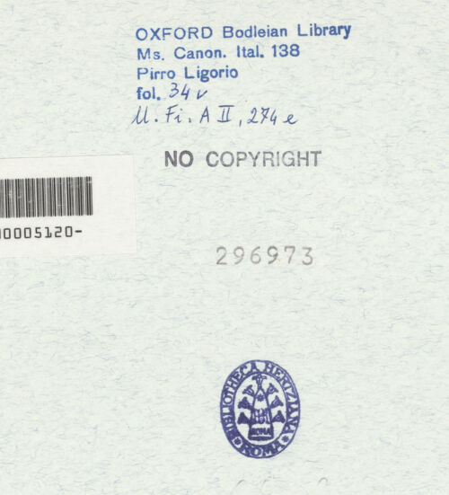 Rückseite von Bibliotheca Hertziana [https://www.deutsche-digitale-bibliothek.de/content/lizenzen/rv-ez/] Ms. Canon. Ital. 138: Pirro Ligorio, Libri delle AntichitàInschriftenstele vom Gianicolo; Fenster und Säule des Fortuna-Tempels in Palestrina - 34 v, bh296973_recto. Foto.