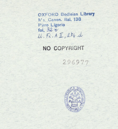 Rückseite von Bibliotheca Hertziana [https://www.deutsche-digitale-bibliothek.de/content/lizenzen/rv-ez/] Ms. Canon. Ital. 138: Pirro Ligorio, Libri delle AntichitàTextseiten - 32 r, bh296977_recto. Foto.