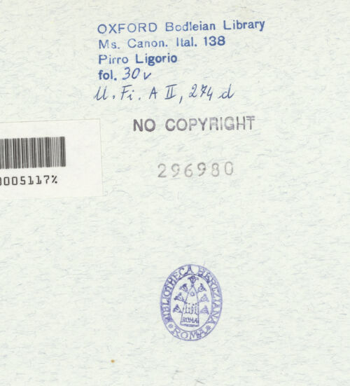 Rückseite von Bibliotheca Hertziana [https://www.deutsche-digitale-bibliothek.de/content/lizenzen/rv-ez/] Ms. Canon. Ital. 138: Pirro Ligorio, Libri delle AntichitàTextseiten mit Zeichnung von Details des Innendekors des oktagonalen Grabbaus bei Tor de'Schiavi - 30 v, bh296980_recto. Foto.