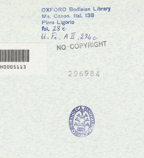 Rückseite von Bibliotheca Hertziana [https://www.deutsche-digitale-bibliothek.de/content/lizenzen/rv-ez/] Ms. Canon. Ital. 138: Pirro Ligorio, Libri delle AntichitàTextseiten mit Zeichnung des Statio Annonae und des Tempels des Antoninus und der Faustina - 28 r, bh296984_recto. Foto.