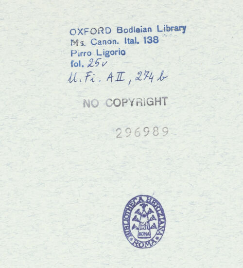 Rückseite von Bibliotheca Hertziana [https://www.deutsche-digitale-bibliothek.de/content/lizenzen/rv-ez/] Ms. Canon. Ital. 138: Pirro Ligorio, Libri delle AntichitàTextseiten mit Zeichnung des Tempio di Minerva Medica (Tempio di Esculapio) - 25 v, bh296989_recto. Foto.