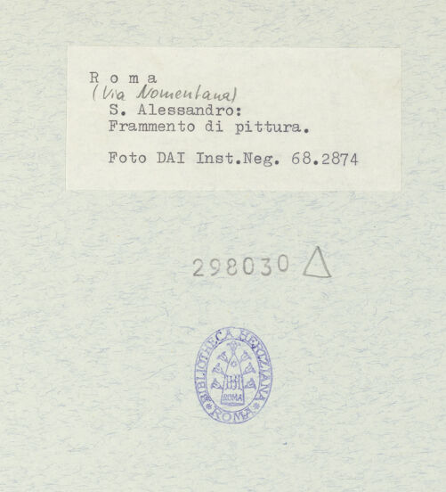 Rückseite von DAI [https://www.deutsche-digitale-bibliothek.de/content/lizenzen/rv-ez/] Fragmente der Wandmalerei - Detail: Mann mit Kreuz, bh298030_recto. Foto.