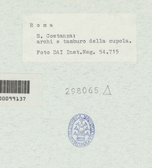 Rückseite von DAI [https://www.deutsche-digitale-bibliothek.de/content/lizenzen/rv-ez/] Mausoleo di Santa CostanzaInnenraum - Bögen und Tambour der Kuppel, bh298065_recto. Foto.