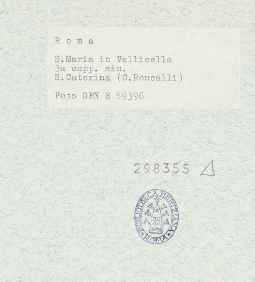 Rückseite von ICCD [https://www.deutsche-digitale-bibliothek.de/content/lizenzen/rv-ez/] Gewölbe- und ArkadenbogendekorationGewölbedekoration mit Darstellungen der Heiligen Agnes, Katharina, Cäcilia, allegorischen Stuckfiguren und GottvaterDie heilige Katharina von Alexandria - , bh298355_recto. Foto.