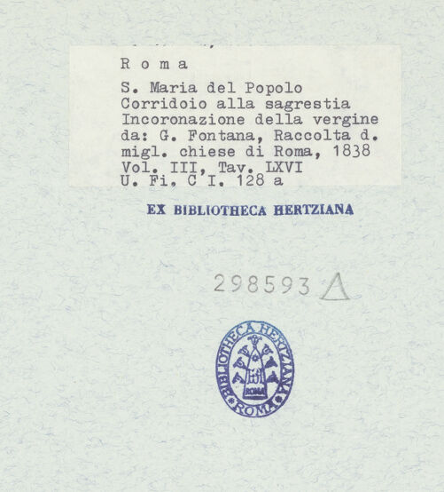 Rückseite von Bibliotheca Hertziana [https://www.deutsche-digitale-bibliothek.de/content/lizenzen/rv-fz/] Relief mit der Krönung Mariens in Santa Maria del Popolo (Taf. LXVI aus  G. Fontana, "Raccolta delle migliori chiese di Roma e suburbane espresse in tavole disegnate ed incise da G. Fontana", vol.III, Rom 1838) - , bh298593_recto. Foto.