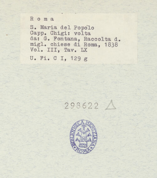 Rückseite von Bibliotheca Hertziana [https://www.deutsche-digitale-bibliothek.de/content/lizenzen/rv-fz/] Der segnende Gottvater umgeben von Personifikationen der Gestirne; Kuppelmosaik der Cappella Chigi in Santa Maria del Popolo (Taf. LX, LXI E und LXI F aus G. Fontana, "Raccolta delle migliori chiese di Roma e suburbane espresse in tavole disegnate ed incise da G. Fontana", vol.III, Rom 1838) - Gesamtdarstellung; Tav. LX, bh298622_recto. Foto.