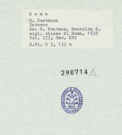 Rückseite von Bibliotheca Hertziana [https://www.deutsche-digitale-bibliothek.de/content/lizenzen/rv-fz/] Inneres von Santa Costanza (Taf. XVI aus G. Fontana, "Raccolta delle migliori chiese di Roma e suburbane espresse in tavole disegnate ed incise da G. Fontana", vol.III, Rom 1838) - , bh298714_recto. Foto.
