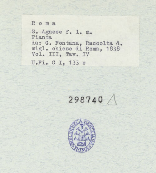 Rückseite von Bibliotheca Hertziana [https://www.deutsche-digitale-bibliothek.de/content/lizenzen/rv-fz/] Grundriss von Sant'Agnese fuori le Mura (Taf. IV aus G. Fontana, "Raccolta delle migliori chiese di Roma e suburbane espresse in tavole disegnate ed incise da G. Fontana", vol.III, Rom 1838) - , bh298740_recto. Foto.