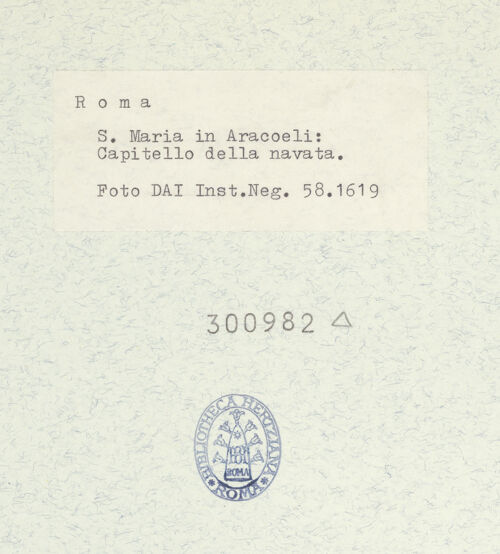 Rückseite von DAI [https://www.deutsche-digitale-bibliothek.de/content/lizenzen/rv-ez/] Santa Maria in Aracoeli - Linke Seite, 7. Säule, Detail: Kapitell mit Imagines clipeatae, bh300982_recto. Foto.