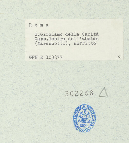 Rückseite von ICCD [https://www.deutsche-digitale-bibliothek.de/content/lizenzen/rv-ez/] San Girolamo della CaritàCappella Marescotti - Gewölbe, bh302268_recto. Foto.