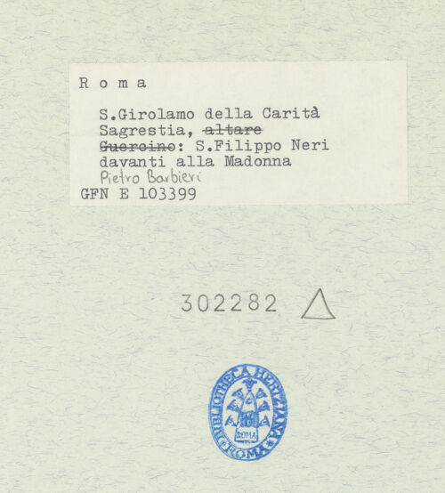 Rückseite von ICCD [https://www.deutsche-digitale-bibliothek.de/content/lizenzen/rv-ez/] Maria erscheint dem heiligen Filippo Neri - , bh302282_recto. Foto.