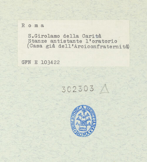 Rückseite von ICCD [https://www.deutsche-digitale-bibliothek.de/content/lizenzen/rv-ez/] Casa della Arciconfraternità della CaritàInnenräume - Vorzimmer des Oratoriums, bh302303_recto. Foto.