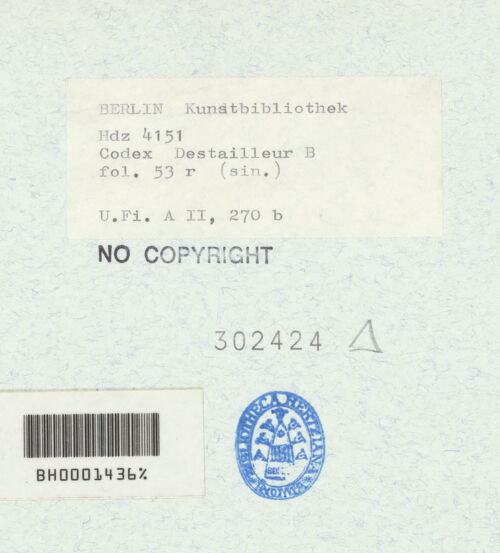 Rückseite von Bibliotheca Hertziana [https://www.deutsche-digitale-bibliothek.de/content/lizenzen/rv-ez/] Codex Destailleur DTitus-Bogen: Details der Kassettendecke, Profilaufnahme des Sockels der Säulenordnung links und rechts vom Durchgang - , bh302424_recto. Foto.