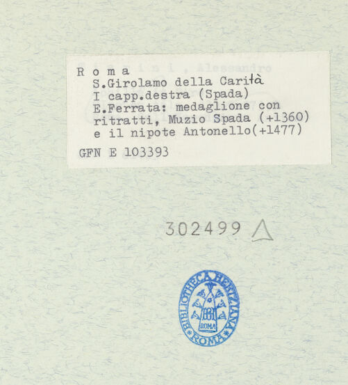 Rückseite von ICCD [https://rightsstatements.org/page/CNE/1.0/] KapellenaussstattungMedaillon mit Büsten des Mutius und Antonellus Spada - , bh302499_recto. Foto.