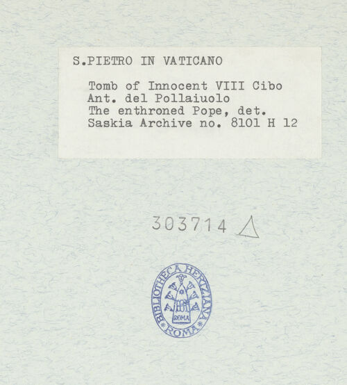 Rückseite von Bibliotheca Hertziana [https://www.deutsche-digitale-bibliothek.de/content/lizenzen/rv-fz/] Grabmonument Papst Innozenz VIII.Thronender Papstes - Detail: Gesicht des  thronenden Papstes, bh303714_recto. Foto: Wiedenhoeft, Ron.