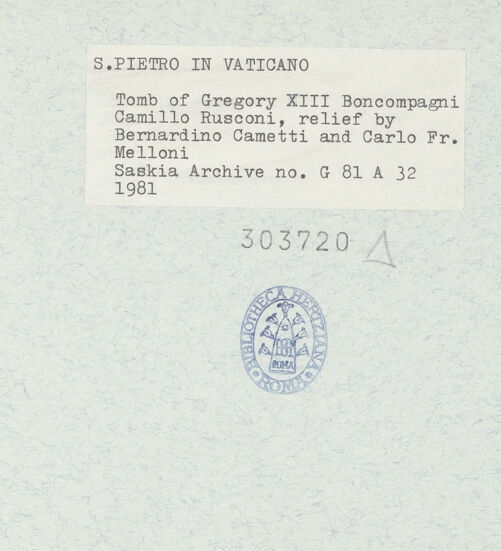 Rückseite von Bibliotheca Hertziana [https://www.deutsche-digitale-bibliothek.de/content/lizenzen/rv-fz/] Grabmonument Papst Gregor XIII. - Gesamtansicht von rechts, bh303720_recto. Foto: Wiedenhoeft, Ron.