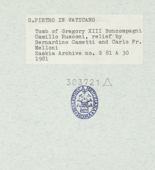 Rückseite von Bibliotheca Hertziana [https://www.deutsche-digitale-bibliothek.de/content/lizenzen/rv-fz/] Grabmonument Papst Gregor XIII. - Gesamtansicht, frontal, bh303721_recto. Foto: Wiedenhoeft, Ron.