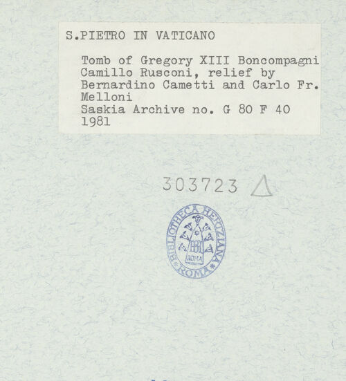 Rückseite von Bibliotheca Hertziana [https://www.deutsche-digitale-bibliothek.de/content/lizenzen/rv-fz/] Grabmonument Papst Gregor XIII. - Gesamtansicht von links, bh303723_recto. Foto: Wiedenhoeft, Ron.