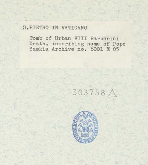 Rückseite von Bibliotheca Hertziana [https://www.deutsche-digitale-bibliothek.de/content/lizenzen/rv-fz/] Grabmal von Papst Urban VIII.Der Tod schreibt den Namen des Papstes auf ein Pergament - Tod, der den Namen des Papstes schreibt, bh303758_recto. Foto: Wiedenhoeft, Ron.