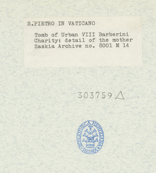 Rückseite von Bibliotheca Hertziana [https://www.deutsche-digitale-bibliothek.de/content/lizenzen/rv-fz/] Grabmal von Papst Urban VIII.Caritas - Detail: Caritas, Oberkörper, bh303759_recto. Foto: Wiedenhoeft, Ron.