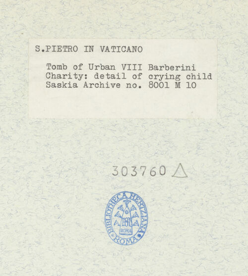 Rückseite von Bibliotheca Hertziana [https://www.deutsche-digitale-bibliothek.de/content/lizenzen/rv-fz/] Grabmal von Papst Urban VIII.Caritas - Detail des weinenden Kindes, bh303760_recto. Foto: Wiedenhoeft, Ron.