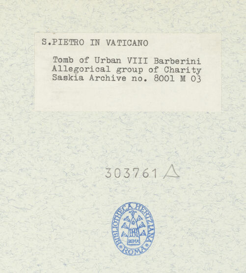Rückseite von Bibliotheca Hertziana [https://www.deutsche-digitale-bibliothek.de/content/lizenzen/rv-fz/] Grabmal von Papst Urban VIII.Caritas - Gesamtansicht der Figurengruppe, bh303761_recto. Foto: Wiedenhoeft, Ron.