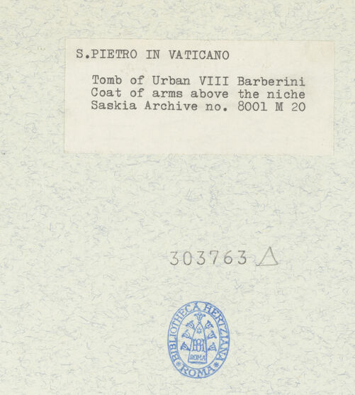 Rückseite von Bibliotheca Hertziana [https://www.deutsche-digitale-bibliothek.de/content/lizenzen/rv-fz/] Grabmal von Papst Urban VIII. - Wappen, getragen von zwei Putten, bh303763_recto. Foto: Wiedenhoeft, Ron.