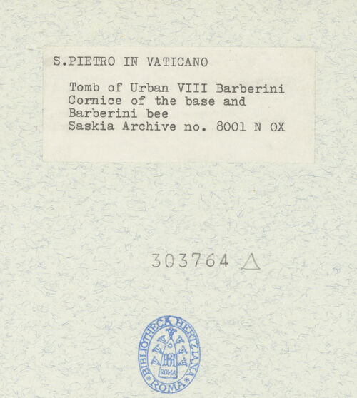 Rückseite von Bibliotheca Hertziana [https://www.deutsche-digitale-bibliothek.de/content/lizenzen/rv-fz/] Grabmal von Papst Urban VIII. - Rahmung des Sockels und Barberini Biene, bh303764_recto. Foto: Wiedenhoeft, Ron.