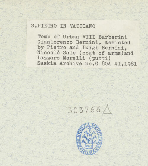 Rückseite von Bibliotheca Hertziana [https://www.deutsche-digitale-bibliothek.de/content/lizenzen/rv-fz/] Grabmal von Papst Urban VIII. - Gesamtansicht, bh303766_recto. Foto: Wiedenhoeft, Ron.