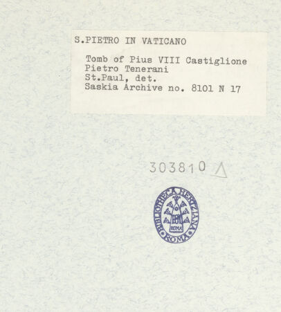 Rückseite von Bibliotheca Hertziana [https://www.deutsche-digitale-bibliothek.de/content/lizenzen/rv-fz/] Grabmal von Papst Pius VIII. Albani - Detail: Portrait St. Paul, bh303810_recto. Foto: Wiedenhoeft, Ron.