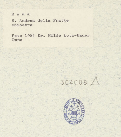 Rückseite von Bibliotheca Hertziana [https://www.deutsche-digitale-bibliothek.de/content/lizenzen/rv-fz/] Sant'Andrea delle Fratte - Arkaden, bh304008_recto. Foto: Lotz-Bauer, Hilde.