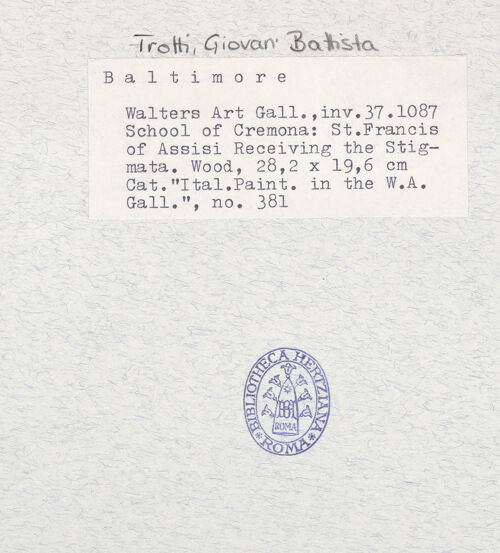 Rückseite von Walters Art Gallery Baltimore [https://www.deutsche-digitale-bibliothek.de/content/lizenzen/rv-ez/] Der Heilige Franziskus von Assisi empfängt die Stigmata - , bh304834_recto. Foto.