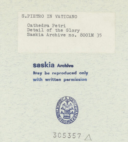 Rückseite von Bibliotheca Hertziana [https://www.deutsche-digitale-bibliothek.de/content/lizenzen/rv-fz/] Cathedra PetriFenster mit der Taube des Heiligen Geistes - Detailansicht: Glorienfenster mit Putti am unteren rechten Bildrand, bh305357_recto. Foto: Wiedenhoeft, Ron.
