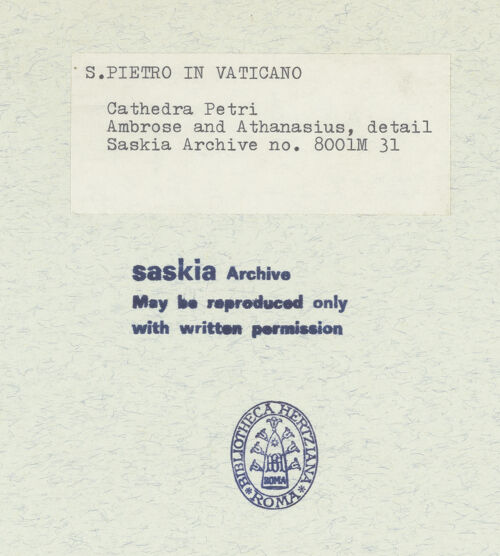 Rückseite von Bibliotheca Hertziana [https://www.deutsche-digitale-bibliothek.de/content/lizenzen/rv-fz/] Cathedra PetriKirchenväter - Detailansicht: Portrait St. Ambrosius und St. Athanasius, bh305358_recto. Foto: Wiedenhoeft, Ron.