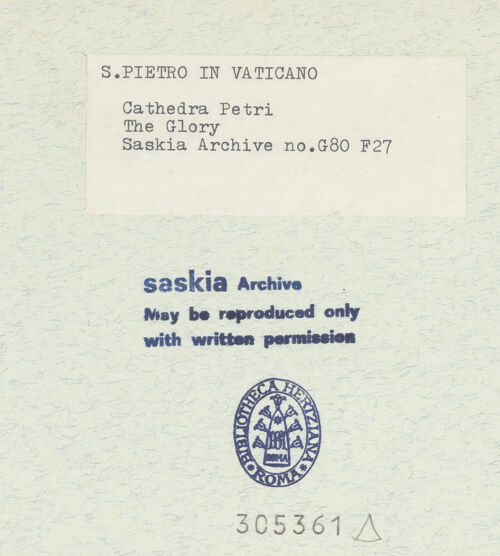 Rückseite von Bibliotheca Hertziana [https://www.deutsche-digitale-bibliothek.de/content/lizenzen/rv-fz/] Cathedra PetriFenster mit der Taube des Heiligen Geistes - Gesamtansicht des Glorienfensters, bh305361_recto. Foto: Wiedenhoeft, Ron.